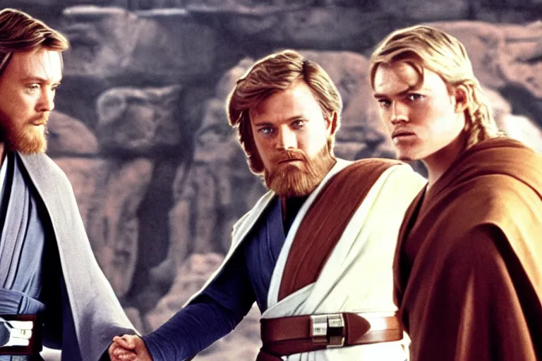 Prompt: Obi-Wan Kenobi and Anakin Skywalker fistbump like total bros