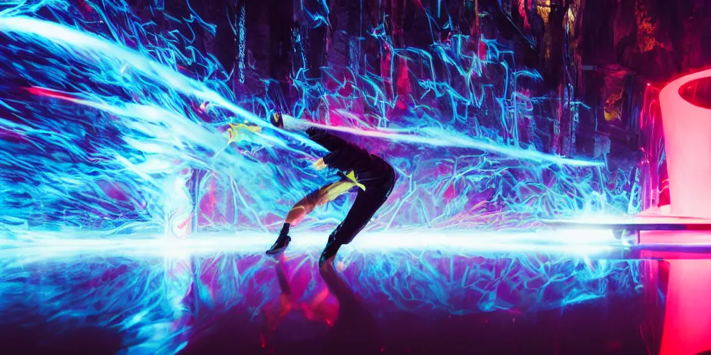 Image similar to cinematic camera wide angle of slow motion film still of futuristic break dancer wearing neon lights, long exposure shot , at night in the middle of an environment with only water and fog, paddle of water, water splashes, rim lights, glossy reflections, water droplets on lens, detailed and soft, by Ruan Jia and Mandy Jurgens and Artgerm and william-adolphe bouguereau and Greg Rutkowski and Wayne Barloweglints, lens flares