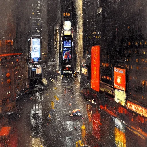 Prompt: bird's eyeview of spaceship landing in times square, nyc, night, wet pavement, by jeremy mann.