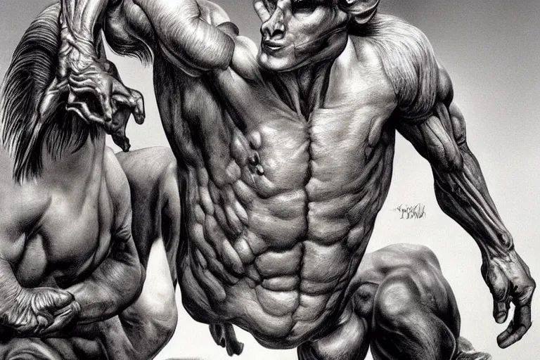 Image similar to beautiful lifelike painting of a centaur centaur centaur chimera tom cruise torso, hyperreal detailed facial features and uv lighting, art by ed roth and basil wolverton