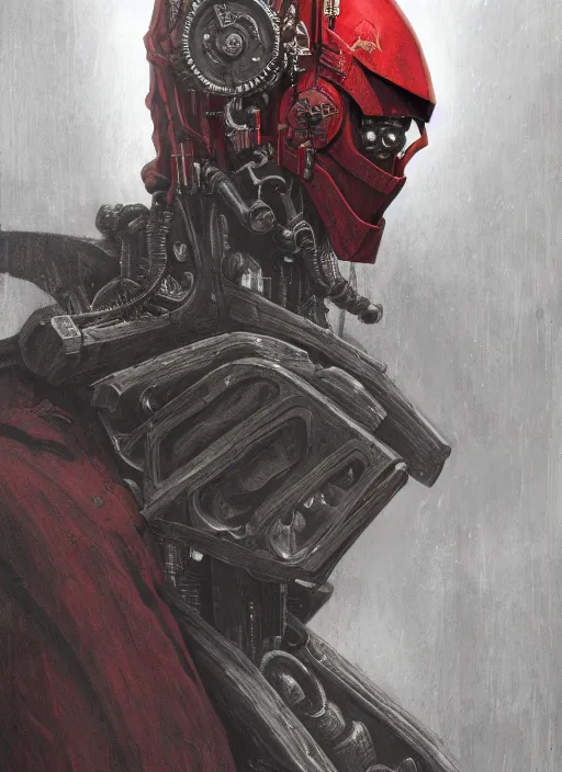 Image similar to portrait of human head adeptus mechanicus in red hood and robe from Warhammer 40000. Highly detailed, artstation, illustration by and John Blanche and zdislav beksinski and wayne barlowe