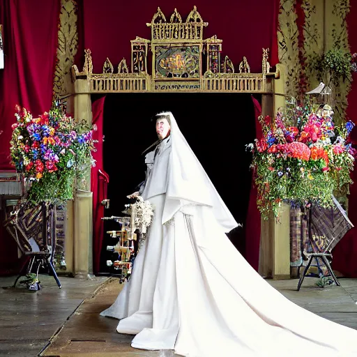 Image similar to A wide full shot, colored Russian and Japanese mix historical fantasy a photograph portrait taken at the royal wedding two choirs, an orchestra and chapel organ, photographic portrait, warm lighting, 1907 photo from the official wedding photographer for the royal wedding.