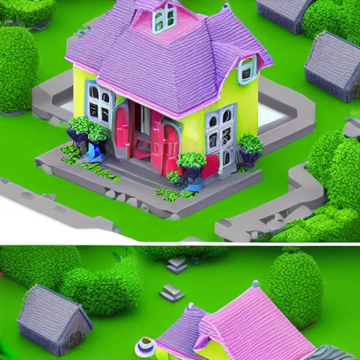 Image similar to Isometric 3D Fantasy Cute House, 3D Illustration, game art, very realistic, no background, 4k, 3D character, very colourful, cinematic lighting, soft neon, CGI render, trending on Behance