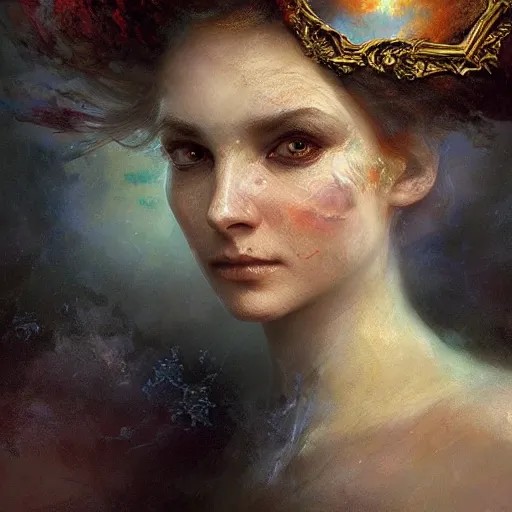 Image similar to dreams of the fae; three-quarters portrait; heterochromia; oil paints; 8k, surrealism, abstract imagery by Ivan Aivazovsky; by Aleksi Briclot; by Marc Simonetti