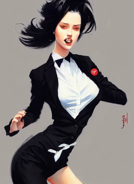 Image similar to a ultradetailed beautiful panting of a stylish woman wearing a shirt with a tie, she has black hair, dancing, background explosion, by jesper ejsing, ilya kuvshinov, greg rutkowski on artstation