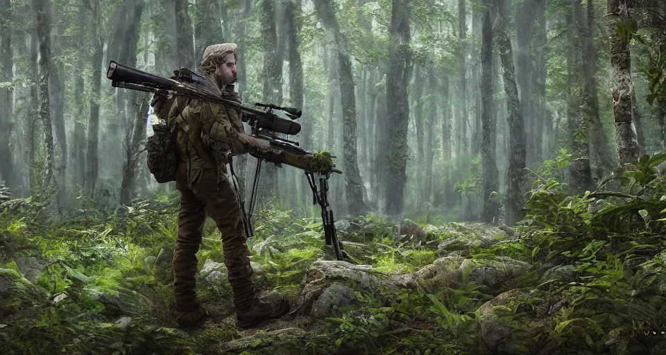 Prompt: A beautiful hyper realistic ultra detailed lifelike matte painting of a hunter in a forest aiming with his rifle, unreal engine, deviantart, flickr, artstation, octane render, textured, colorful, extreme realistic detail, physically based rendering, pbr render, very detailed, volumetric lighting, detailed lighting, octane render, 4k, cinematic lighting, 8k resolution