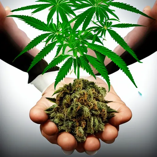 Prompt: jesus spreads his hands against the background of growing cannabis. realistic render