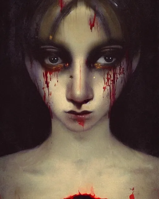 Prompt: a beautiful and eerie baroque painting of a beautiful but creepy girl in layers of fear, with haunted eyes and dark hair piled on her head, 1 9 7 0 s, seventies, wallpaper, a little blood, morning light showing injuries, delicate embellishments, painterly, offset printing technique, by brom, moebius, robert henri, walter popp