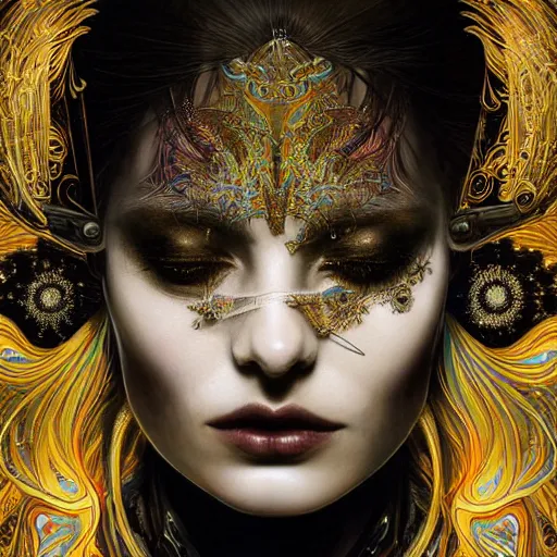 Image similar to extremely psychedelic beautiful cyborg queen of lsd infected by night. intricate, elegant, highly detailed, extremely lifelike photorealistic digital painting, artstation. steichen, gaston bussiere, tom bagshaw, cyberpunk alphonse mucha. elegant minimalism. anatomically correct. sultry. sharp focus. gold and black, white accents. melancholic. lifelike