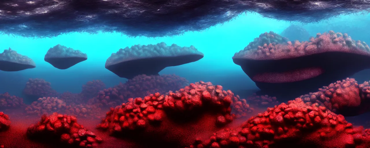 Image similar to A gorgeous detailed oil of a dark red sea covered in big blue steep rocks, a school of piranhas underwater, the further away the mistier it gets, surreal, concept art, dark aesthetic, atmospheric, moody, hyperrealism, highly detailed, masterpiece, award winning, 4k, unreal engine