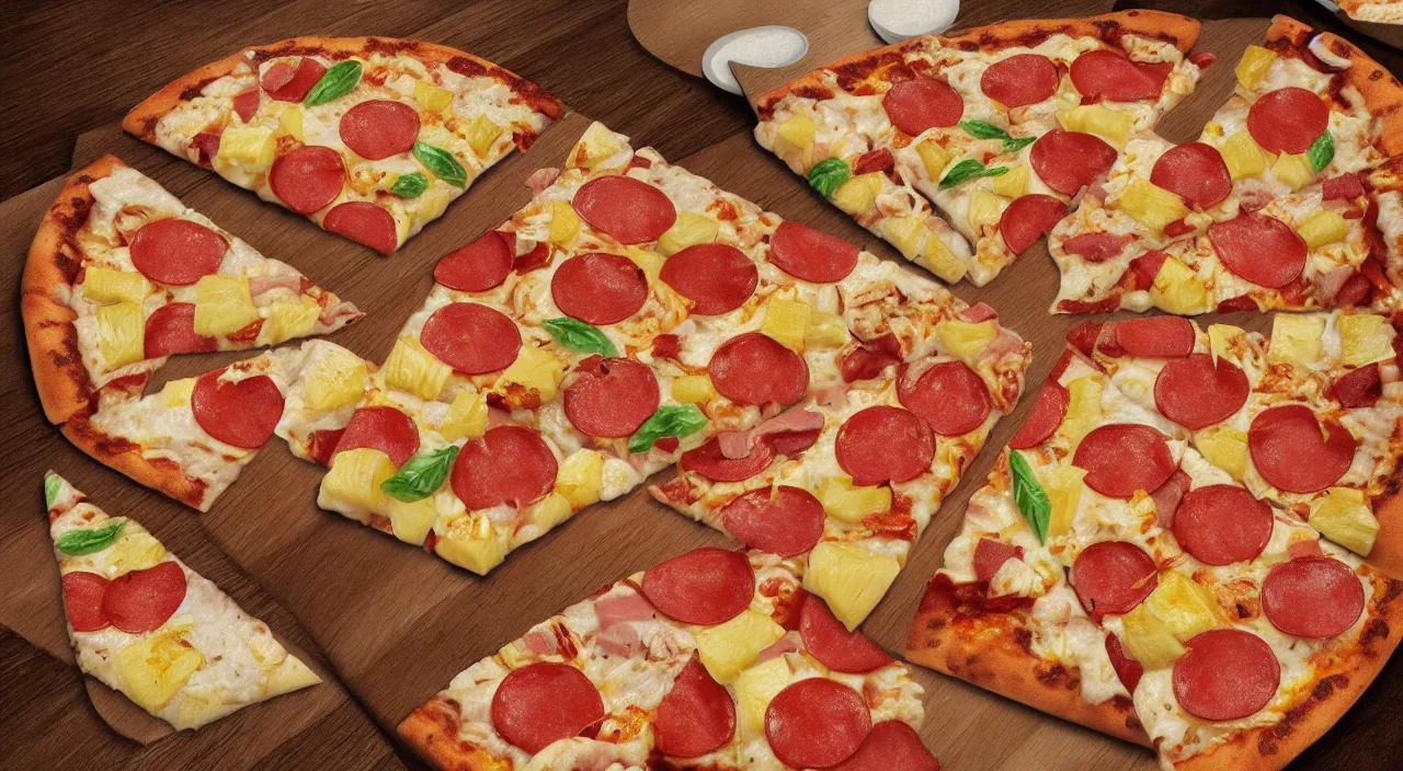 Image similar to one round tasty pizza with pineapple and ham, ultra realistic, artstation