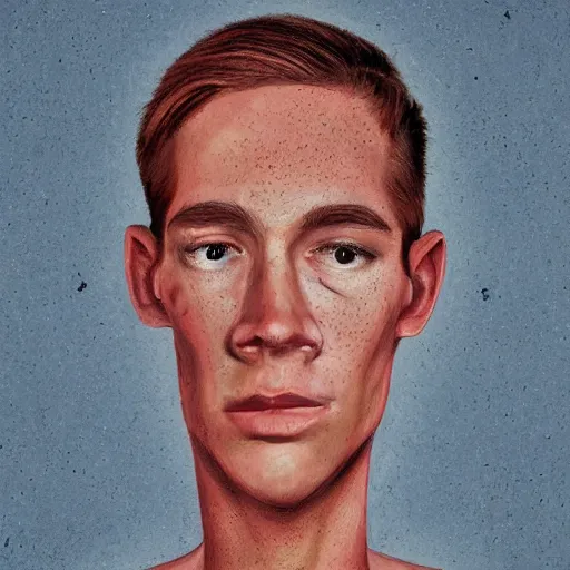 Image similar to face portrait of a thin young man with red hair and freckles, blue eyes, a long nose, highly detailed, digital art