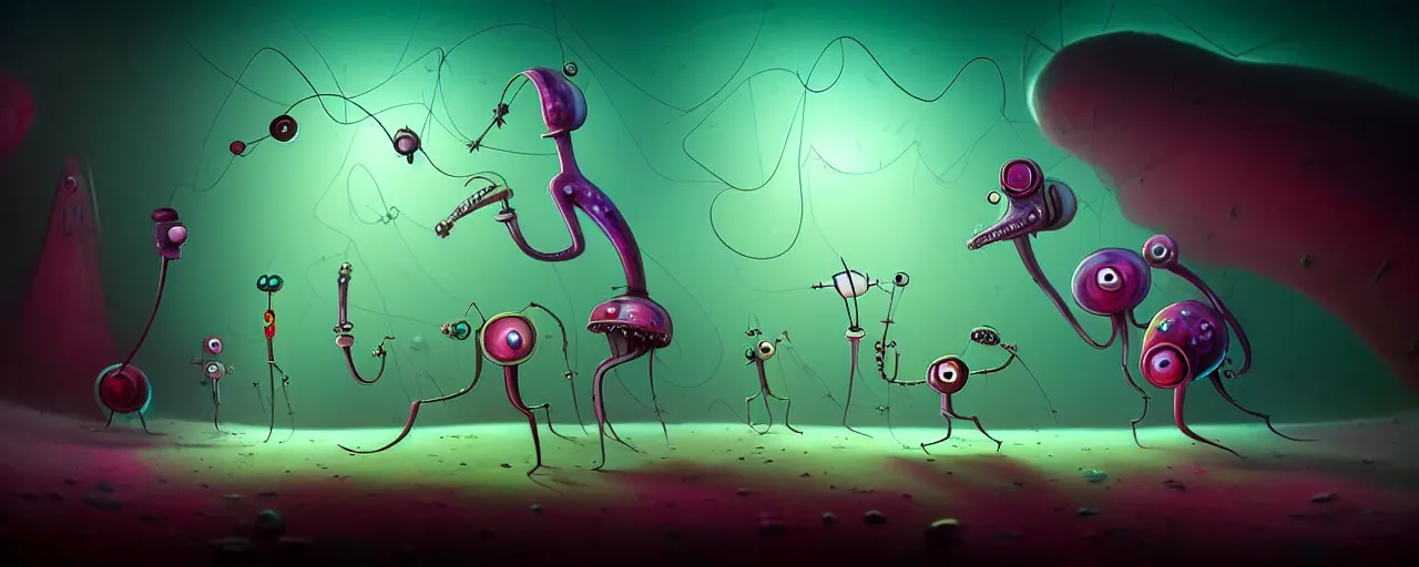 Prompt: wild whimsical plankton mutants from the depths of a wasteland deep in the imaginal realm, dramatic lighting, surreal fleischer cartoon characters, shallow dof, surreal painting by ronny khalil