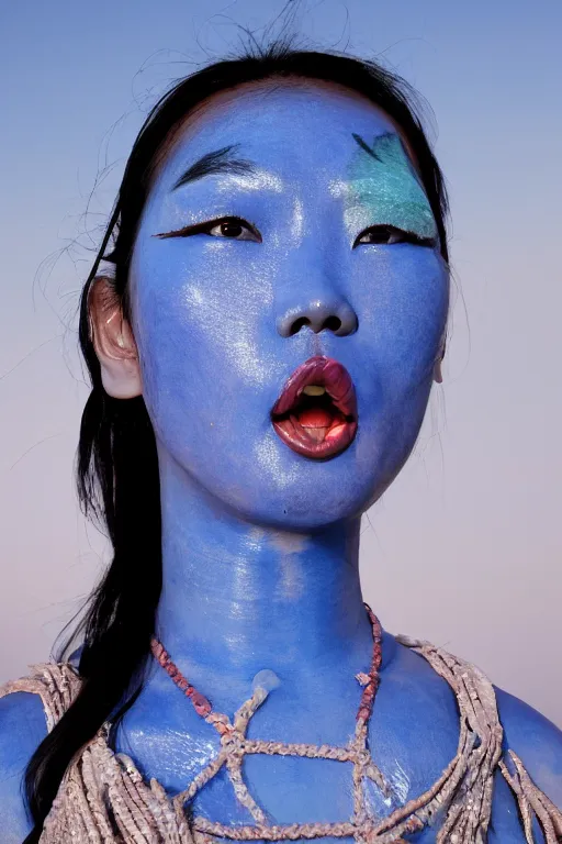 Prompt: a chinese woman dressed as a blue-skinned triton standing on a beach, blue body paint, high resolution film still, 8k, HDR colors, cosplay, outdoor lighting, high resolution photograph, photo by bruce weber, beautiful symmetric face