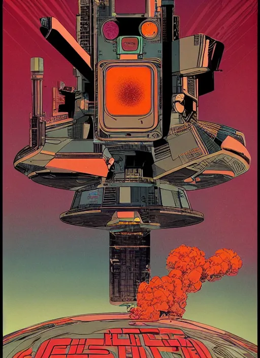 Prompt: a retro science fiction poster by moebius, flat, sharp, 8 k