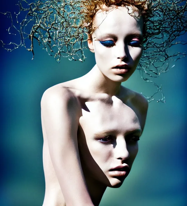 Image similar to photography face portrait of one stunning woman in white beach ocean, dress by iris van herpen, creative colorfull - makeup, curly hair style halflong, photography by paolo roversi nick knight, helmut newton, avedon, and araki, sky forest background, natural pose, highly detailed, skin grain detail