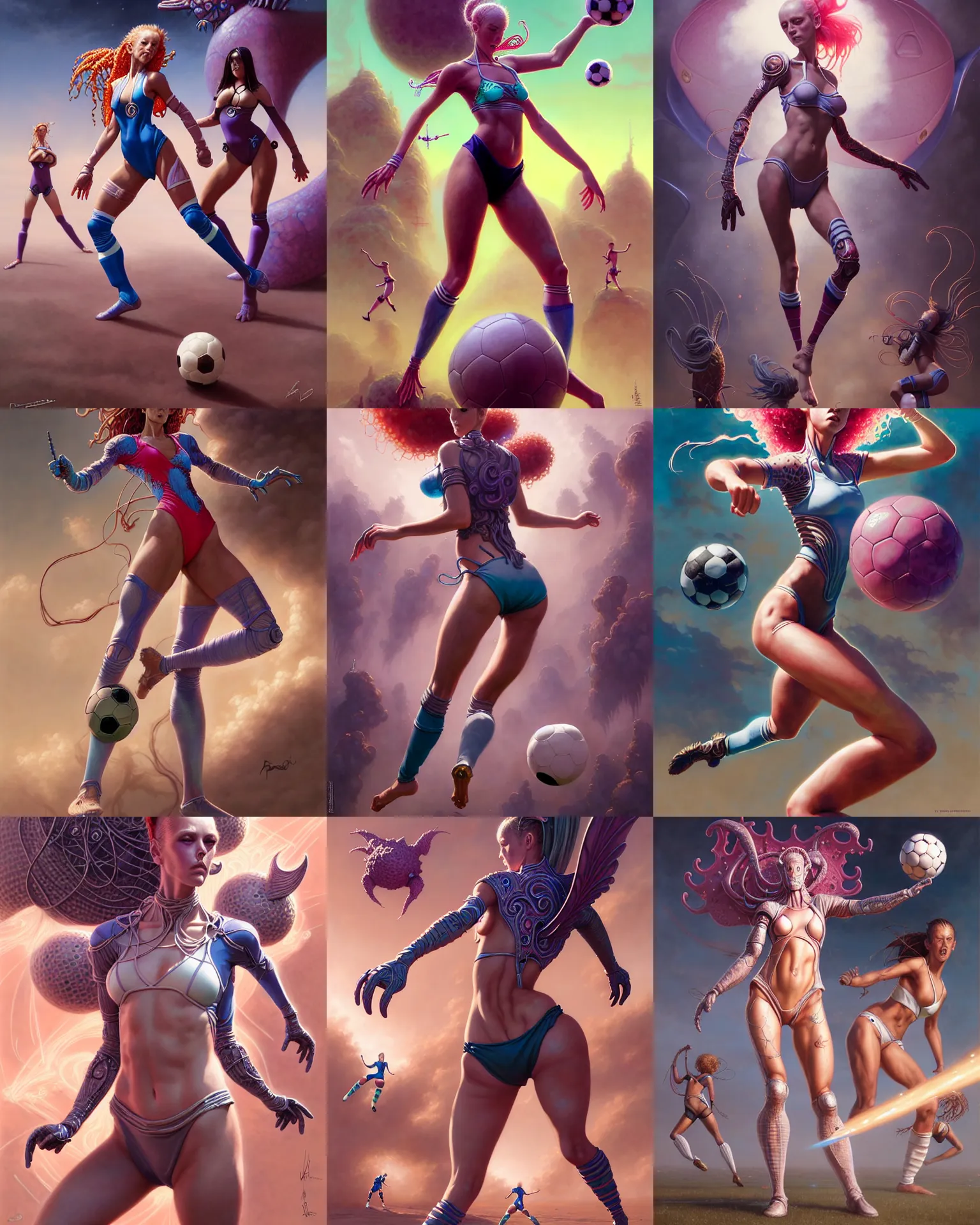 Prompt: girls playing soccer, fantasy character portrait, bikini, bodysuit, leotard, ultra realistic, wide angle, intricate details, the fifth element artifacts, highly detailed by peter mohrbacher, hajime sorayama, wayne barlowe, boris vallejo, paolo eleuteri serpieri