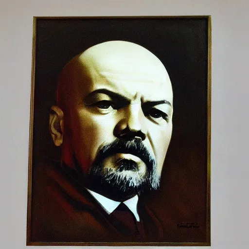 Prompt: dramatic oil painting of vladimir lenin, painted by frank frazetta, propaganda poster