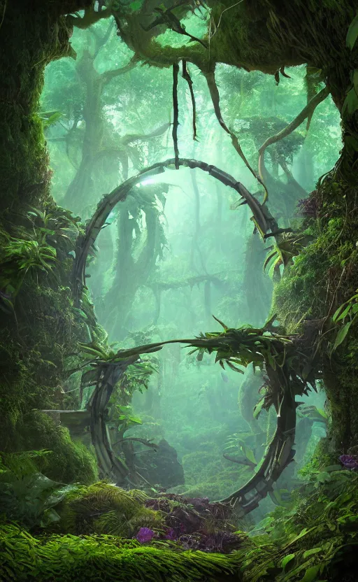 Image similar to the portal in the forest in the style of Roger Dean and beeple, 35mm, photo realistic, epic, cinematic