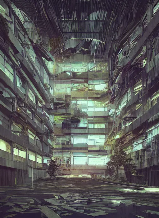 Image similar to “derelict architecture single building , cyberpunk setting, building designed by architect Oscar Niemeyer, architecture digest, building surrounded in a luxury environment, bright tones, fluorescent lighting,volumetric Lighting, photorealism, high detail, golden ratio, cinematic, octane renderer”