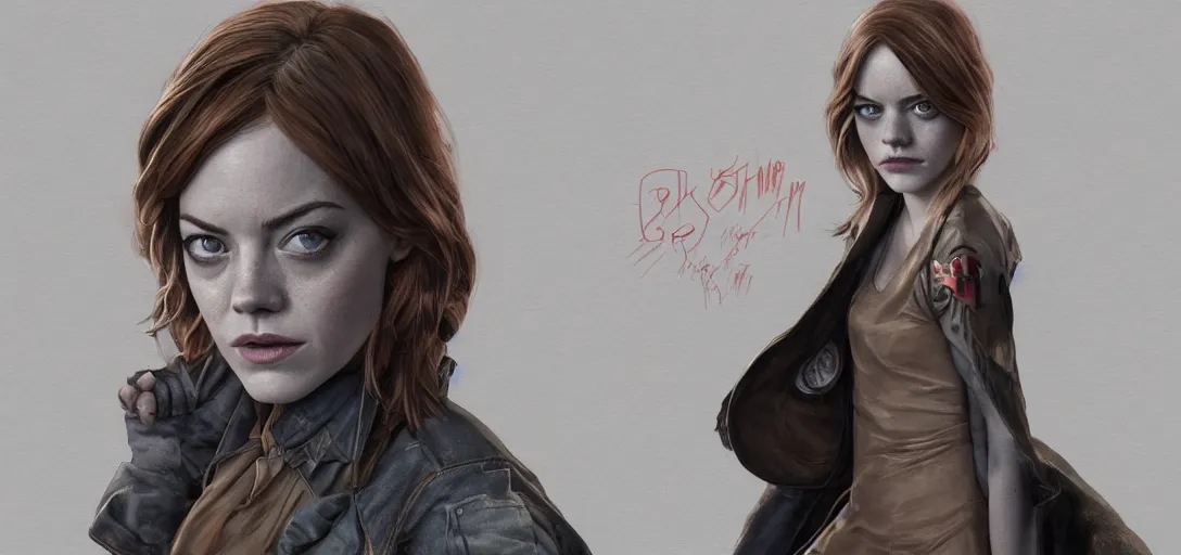 Image similar to character sheet concept art of emma stone as emma watson as a superhero, realistic, hyperrealistic, photographic, costume, wlop, dan mumford, greg rutkowski, high detail, octane render, alexander mcqueen, james gurney, james jean, mucha, photo, 8 k, intricate