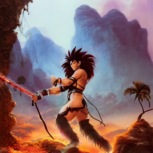 Image similar to barbarian warrior woman with chimera monkey tail, monkey tail, furry tail, barbarian pelt, cavewoman, black hair, electrified hair, wild spiky black saiyan hair, surrounded by electrical aura, prowling around primeval jungle, palm trees, rocks, mountains, red sky, hyperdetailed, ultra high definition, realism, 4 k, frank frazetta