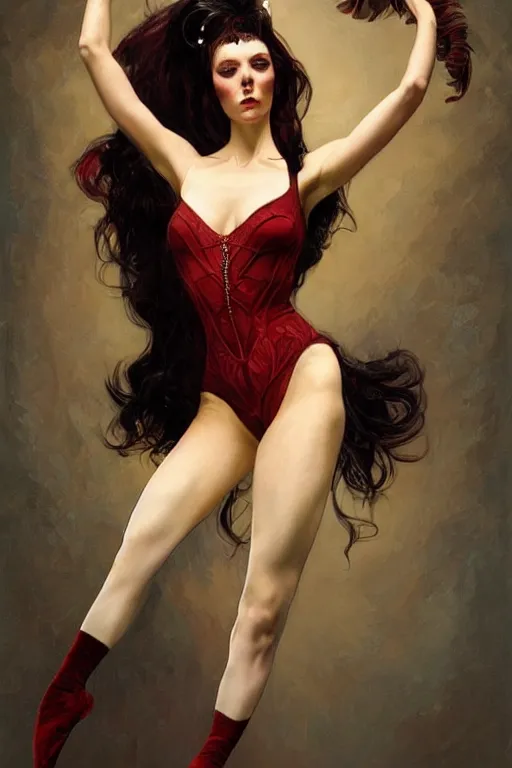 Image similar to a beautiful portrait of prima ballerina with long black and deep red colored hair dressed as a 1 9 6 0 s go - go dancer, intricate, elegant, highly detailed, digital painting, artstation, concept art, symmetrical face, matte, sharp focus, illustration, art by greg rutkowski and alphonse mucha