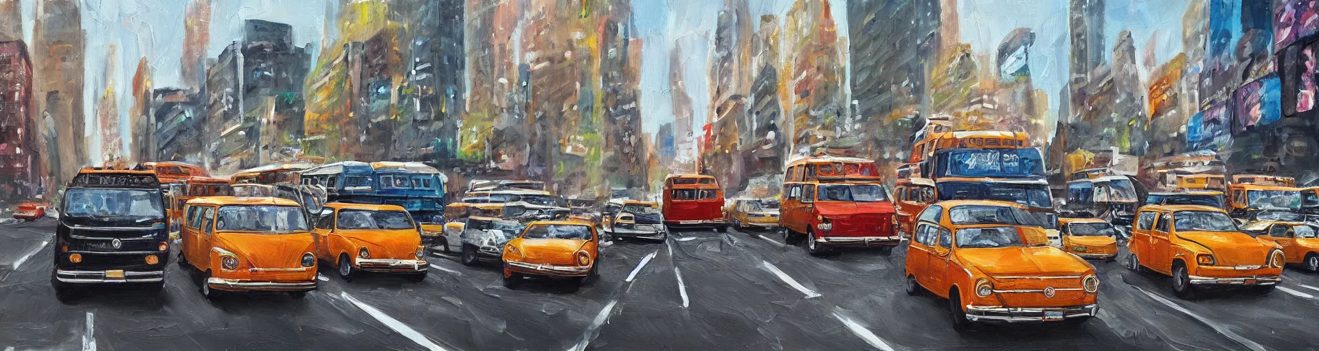 Prompt: a detailed oil painting of vw buses racing in new york city