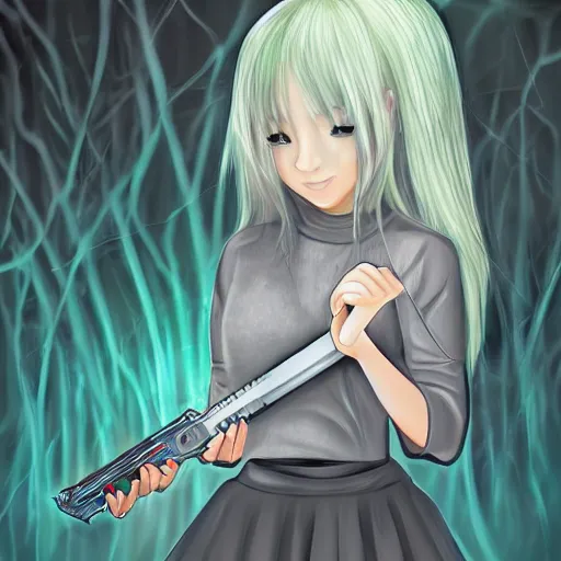 Image similar to portrait of a cute beautiful girl holding a balisong, anime digital art, creepy