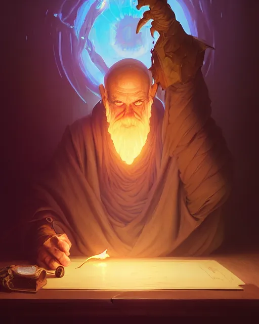 Image similar to highly detailed vfx portrait of an old mage casting a light spell, unreal engine, greg rutkowski, loish, rhads, beeple, makoto shinkai and lois van baarle, ilya kuvshinov, rossdraws, tom bagshaw, alphonse mucha, global illumination, detailed and intricate environment