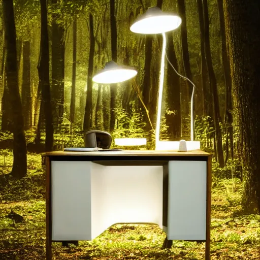 Prompt: A small desk with desklamp in the middle of a forest, floating lights, magical