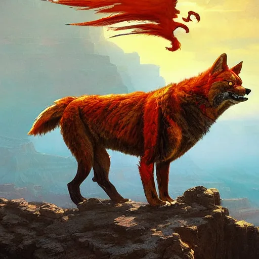 Prompt: Red Tiger Coyote Hybrid collar wearing feather crest paws tail eyes furry fuzzy standing atop grand canyon greg rutkowski greg danton tony sart raymond swanland chris foss chris cold christophe norman rockwell young acrylic 4k artstation wikiart wikipedia realism tilt-shift aspca national geographic