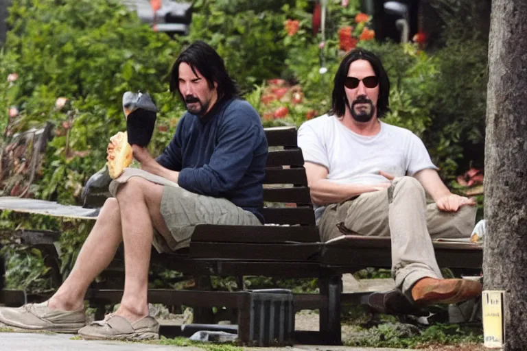 Image similar to Keanu Reeves eating a sandwich while sitting on a bench, in the style of Gregory Crewdson