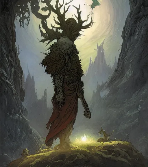 Prompt: a druid at the beginning of the world by alan lee and peter mohrbacher and frank frazetta and mike mignola