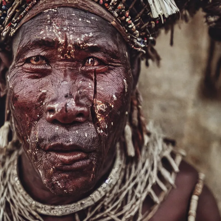 Image similar to realistic exposed expired fuji film portrait of a tribe leader with facial paintings and decorations, hyperrealism, hypermaximalism, photorealistic, detailed, atmospheric, 8 k, award winning photography, cinematic