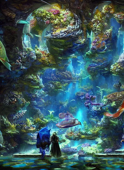 Prompt: people observing lots of beautiful fish in an underground aquarium corridor, in the style of james mccarthy, fantasy art, ray tracing, water droplets, highly detailed, artstation trend, highly detailed and intricate, sharp focus, photography, unreal engine 5