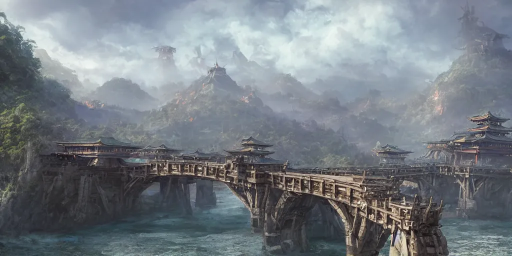 Image similar to giant goddess with swords guarding a japan middle age, giant fortress with cannons guarded by samurais, is built on a strong old wooden bridge, morning, matte painting, concept art, james gurney, greg rutkowski, unreal engine, artstation, john howe