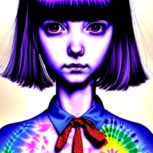 Image similar to amazingly detailed art illustration of a beautiful young morbid woman, wearing a tie-dye shirt, short shorts, with short hair with bangs, she is under the effect of psychosis and euphoria, by Range Murata, Katsuhiro Otomo, Yoshitaka Amano, and Artgerm. 3D shadowing effect, 8K resolution.