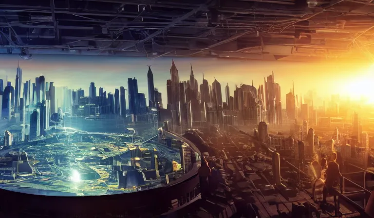 Image similar to crowd of people in simple warehouse, looking at hologram of futuristic city on a table, cinematic concept art, godrays, golden hour, natural sunlight, 4 k, clear details, tabletop model buildings, center model buildings, hologram center, crane shot, crane shot, crane shot