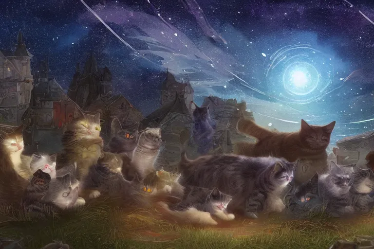 Prompt: night starry sky full of cats, unreal engine render concept art, by lous wain and and fernand toussaint