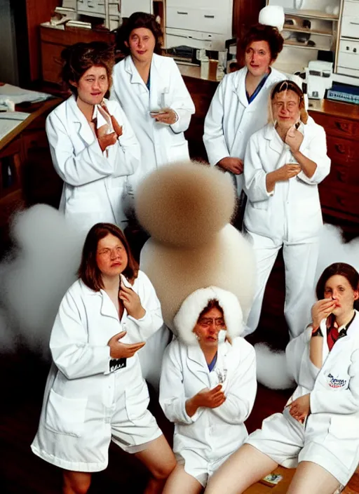 Image similar to realistic photo of a group of female scientists wearing white shorts, faces covered with white paint, watching at a levitating fluffy furry cloud, in a living room laboratory with many wooden gadgets made of wood interior is made of wood 1 9 9 0, life magazine reportage photo, natural colors