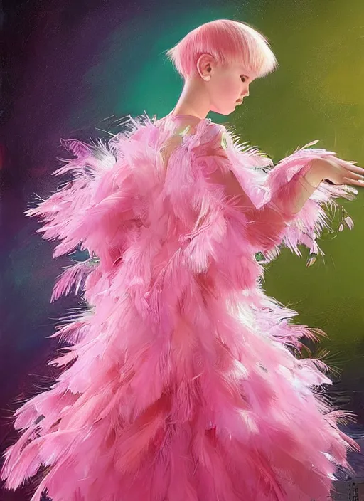 Prompt: beautiful little girl with an pink eccentric haircut wearing an dress made of feathers dancing on stage, artwork made by ilya kuvshinov, inspired in donato giancola, hd, ultra realistic, reflection, stage