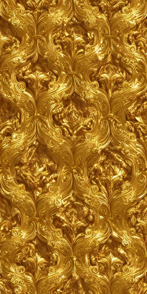 Image similar to seamless 3D baroque gold pattern, Beautiful dynamic shadows , gold and pearls, symmetrical, rococo elements, damask, Artstation, versace pattern, supersharp, no blur, sharp focus, insanely detailed and intricate, Octane render,8K