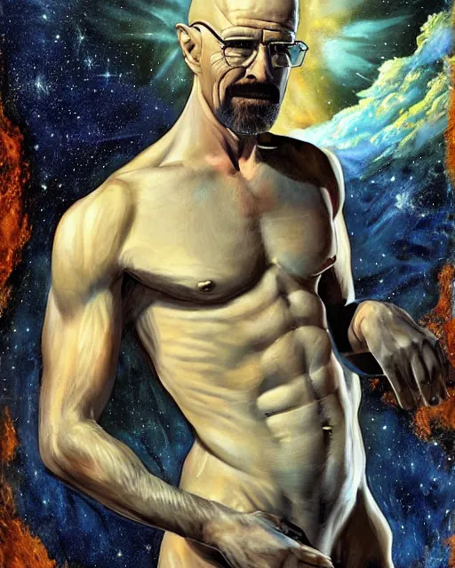 Prompt: a dramatic, epic, ethereal painting of a handsome shirtless walter white as a cyerpunk cosmonaut | background is the birth of the universe | tarot!! card, art deco, art nouvea | by Mark Maggiori | trending on artstation