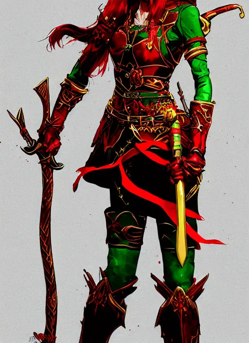 Prompt: Full body portrait of a handsome young red haired elven princess warrior wearing red, green and gold ornate leather jacket, golden tiara and an axe. In style of Yoji Shinkawa and Hyung-tae Kim, trending on ArtStation, dark fantasy, great composition, concept art, highly detailed.