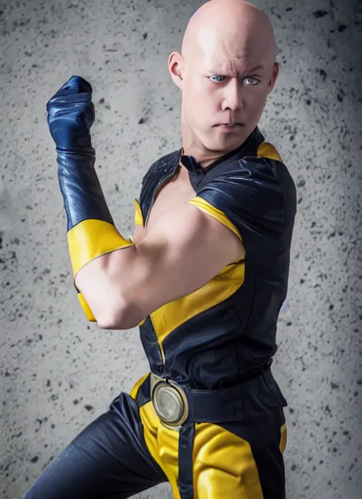 Image similar to A full portrait photo of real-life saitama one punch man, f/22, 35mm, 2700K, lighting, perfect faces, award winning photography.