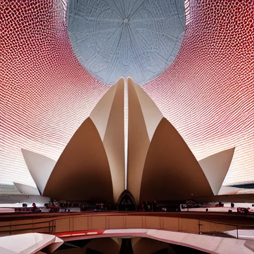 Prompt: futuristic lotus temple space station with gold, red and white marble panels, by santiago calatrava, intricate contemporary architecture, photo journalism, photography, cinematic, national geographic photoshoot