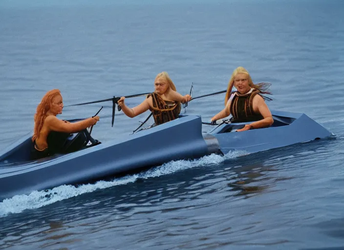 Prompt: photo of viking women in speed boats hunting, hyper realism, fujifilm velvia 5 0