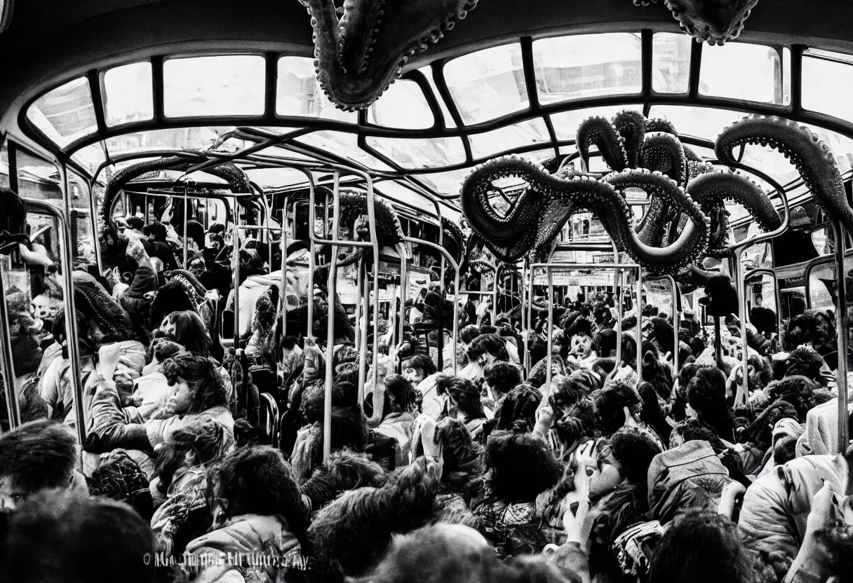 Image similar to 1 6 mm lens photo of a interior of a crowded bus in a moment of terror, there is a huge monster octopus trying to break in, octopus beak can be seen, arms creeping in thrugh the windows, people are scared and screaming while trying to flee through the windows and doors,