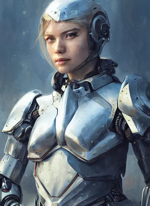 Image similar to A portrait of a female cyborg in armour by Greg Rutkowski, Sung Choi, Mitchell Mohrhauser, Maciej Kuciara, Johnson Ting, Maxim Verehin, Peter Konig, final fantasy, 8k photorealistic, cinematic lighting, HD, high details, dramatic, atmospheric , trending on artstation